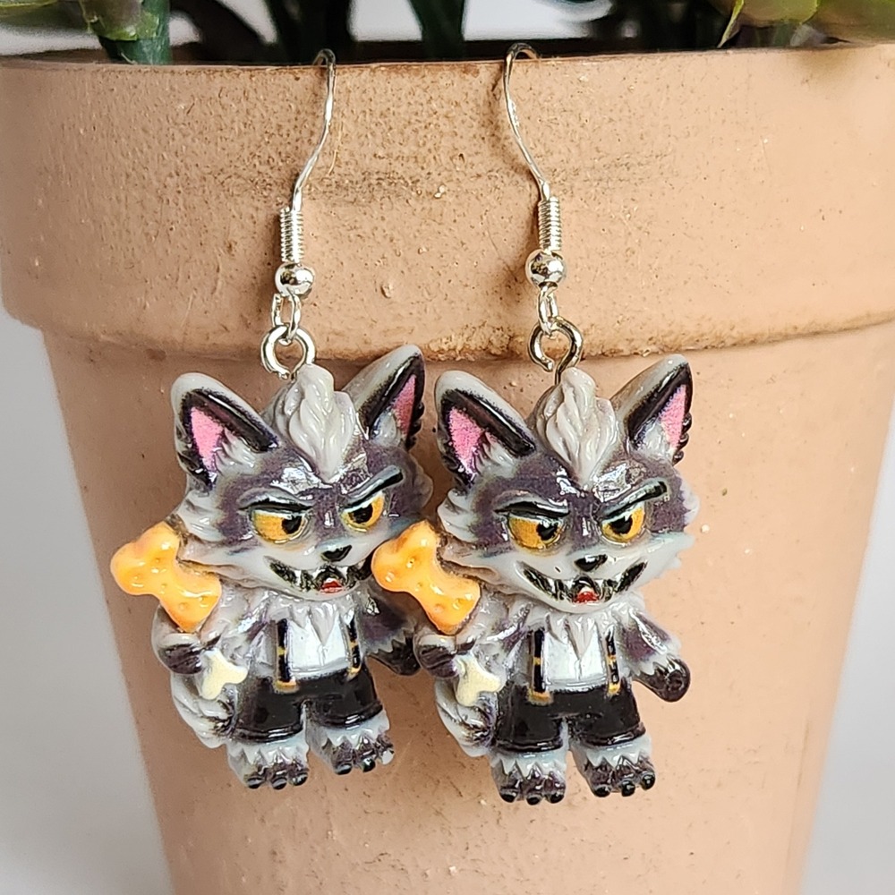 Werewolf Cartoon Resin Drop Earrings Gray Wolf with Bone Suspenders Spooky Cute